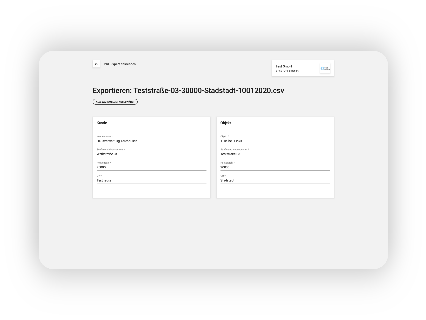 Screenshot des Meldersoft Protokoll Generators beim exportieren von PDFs